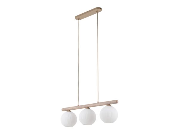 Lampa wisząca Virlo 3-punktowa z białymi ryflowanymi kloszami na jasnej belce