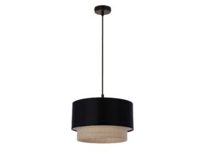 Miniaturka 2 - Lampa wisząca Viromino z czarnym abażurem i rattanowym dołem na białym tle