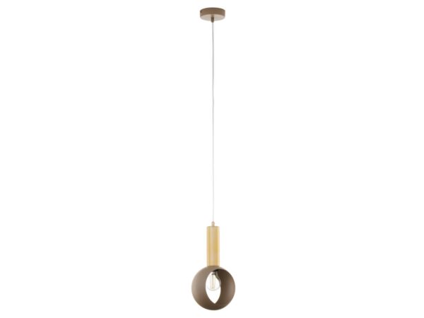 Lampa wisząca Vitrum Gold Oczko z beżowym kloszem i złotym trzonem na białym tle