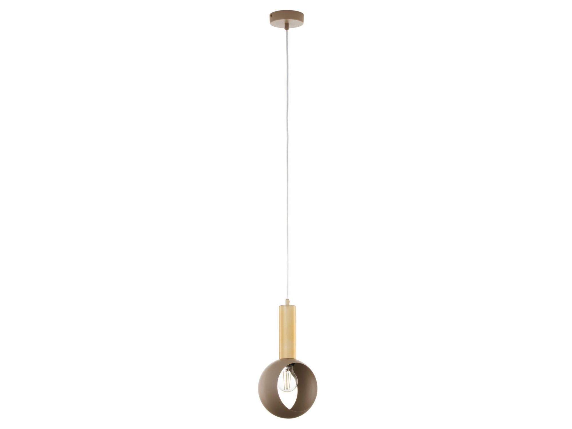 Lampa wisząca Vitrum Gold Oczko z beżowym kloszem i złotym trzonem na białym tle