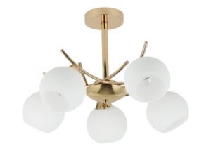 Miniaturka 3 - Lampa sufitowa Volara złota z pięcioma białymi szklanymi kloszami