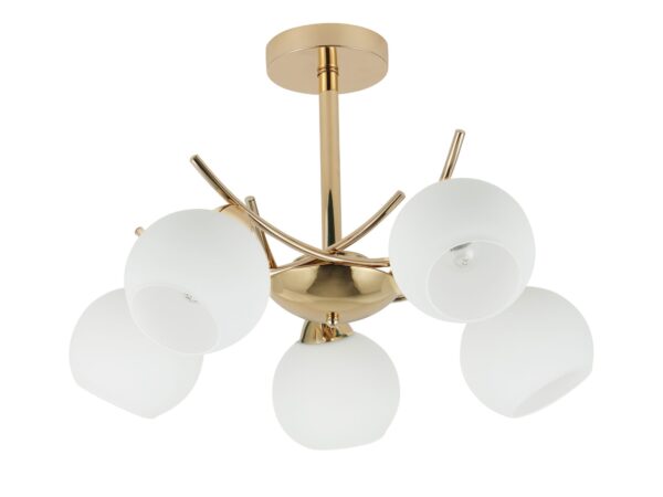 Lampa sufitowa Volara złota z pięcioma białymi szklanymi kloszami