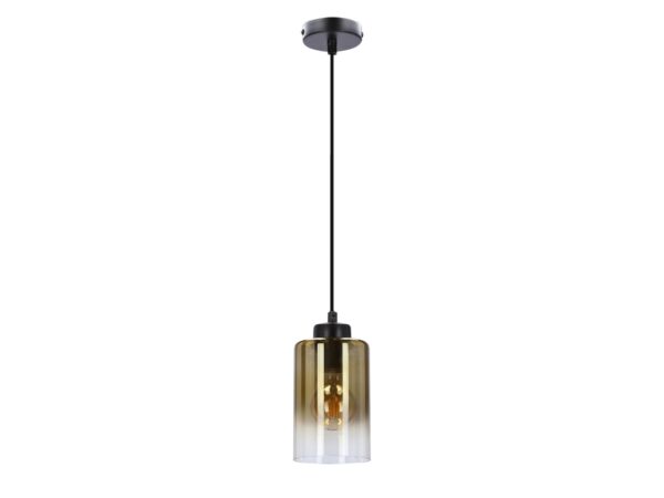 Lampa wisząca Voletira czarna z bursztynowym szklanym kloszem na białym tle