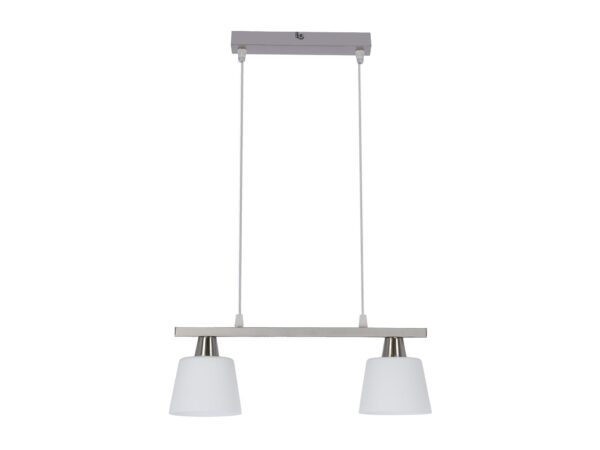 Lampa wisząca Volonia z belką z matowego niklu i dwoma białymi kloszami
