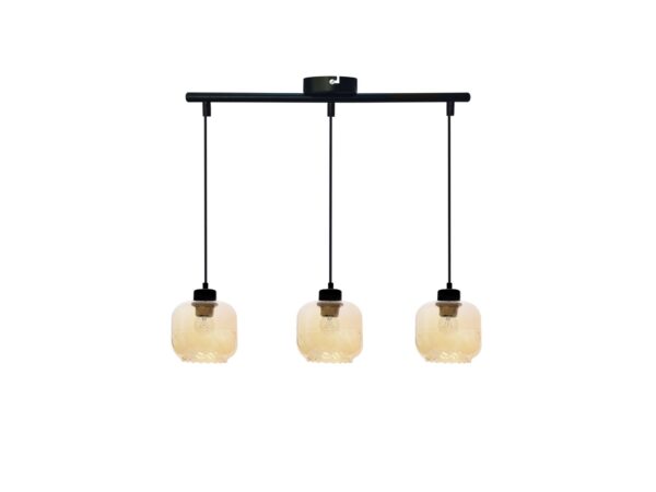 Lampa wisząca Zarasio z trzema bursztynowymi szklanymi kloszami na czarnej listwie