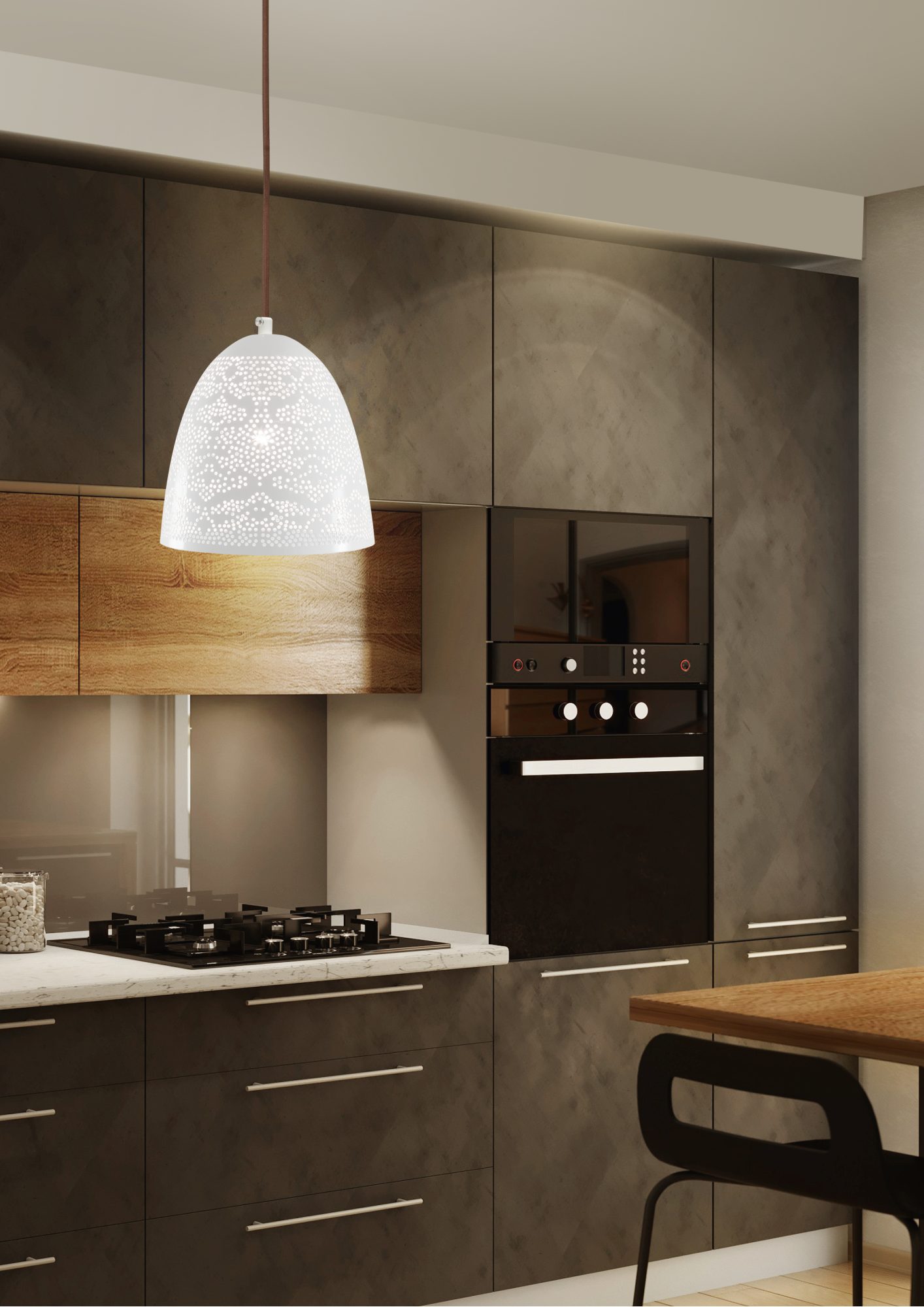 Lampa wisząca Zarolia z białym perforowanym kloszem w kuchni