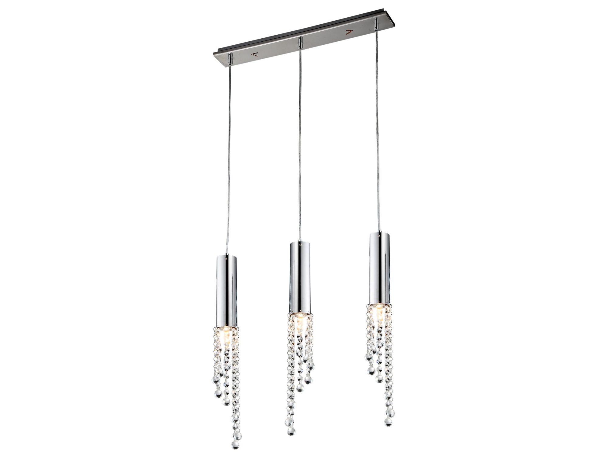 Lampa wisząca Zelamona w chromie z trzema cylindrycznymi oprawami i kryształowymi zawieszkami