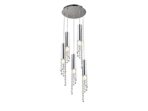 Lampa wisząca Zelamona z pięcioma chromowanymi tubami i kryształkami