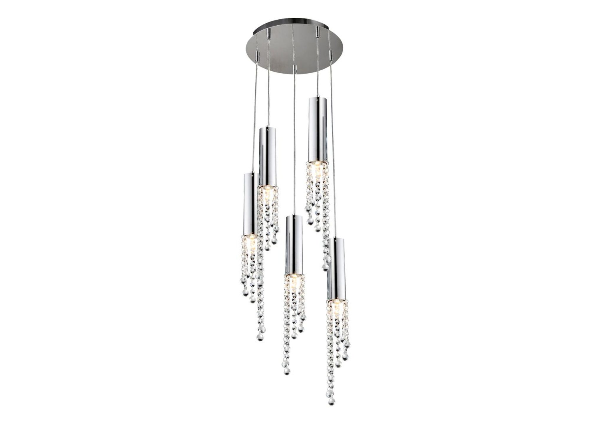 Lampa wisząca Zelamona z pięcioma chromowanymi tubami i kryształkami