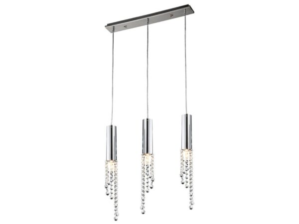 Lampa wisząca Zelamona z trzema chromowanymi oprawami, świecącymi punktami i wiszącymi kryształkami