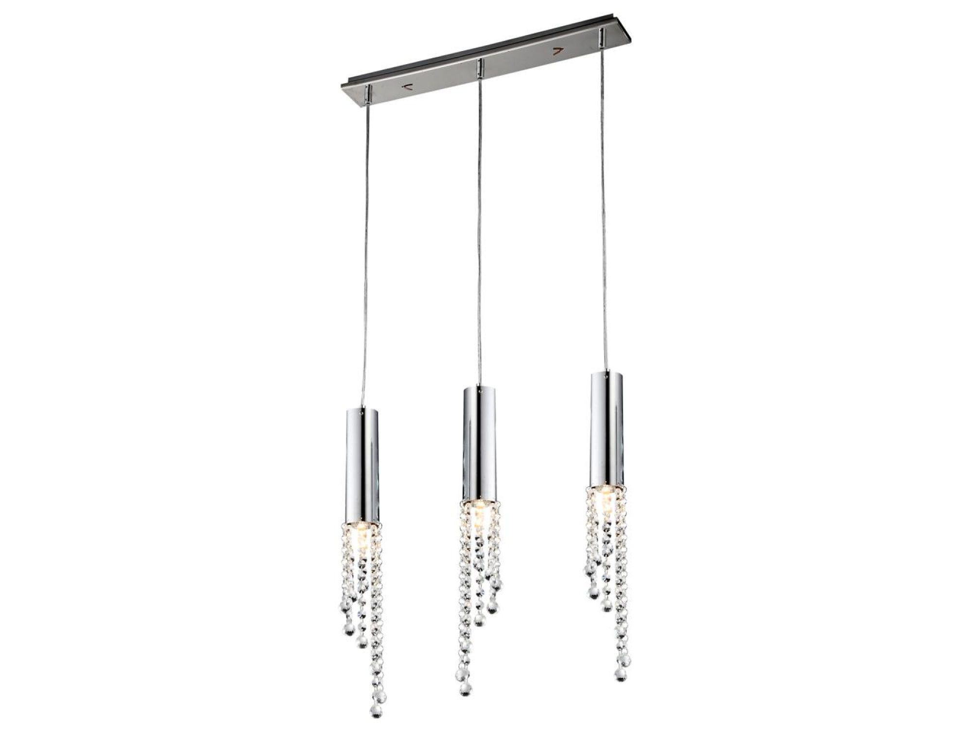 Lampa wisząca Zelamona z trzema chromowanymi oprawami, świecącymi punktami i wiszącymi kryształkami