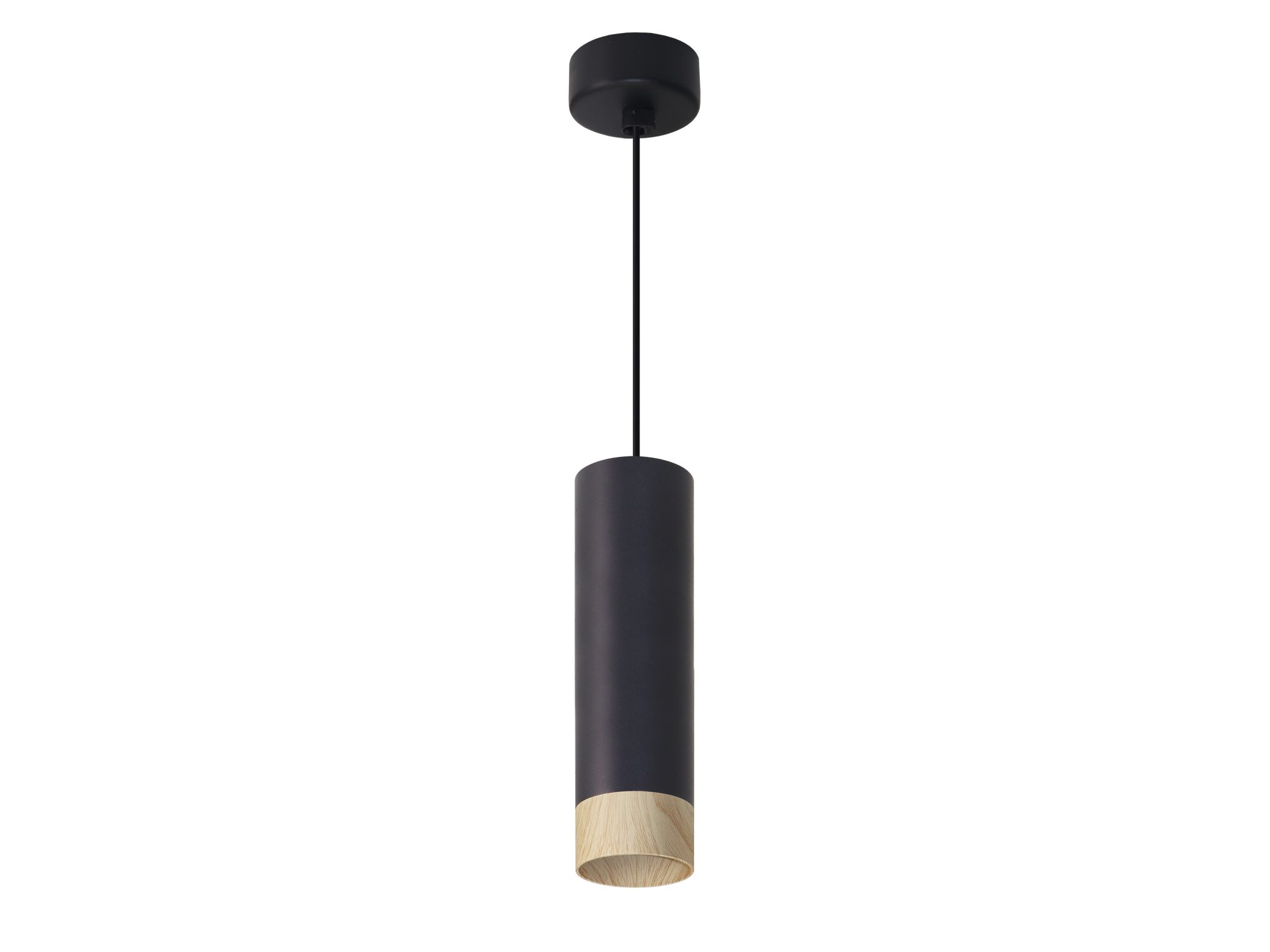 Lampa wisząca Zelasa czarna tuba z jasnym drewnianym akcentem na białym tle