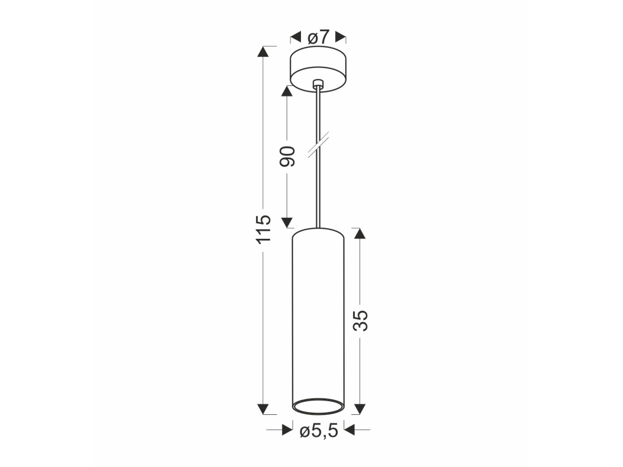 Lampa wisząca Zelasa rysunek wymiarowy 115 cm i średnica tuby 5,5 cm