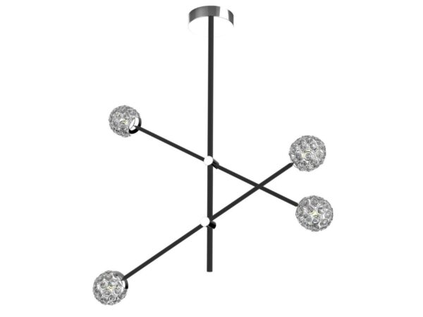 Czarna lampa wisząca Zelevano z czterema kulistymi metalowymi osłonami i szklanymi elementami dekoracyjnymi
