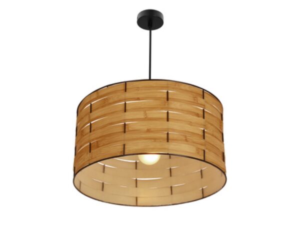 Lampa wisząca Zelimano z brązowym abażurem o wyglądzie drewna i czarnym zawieszeniem