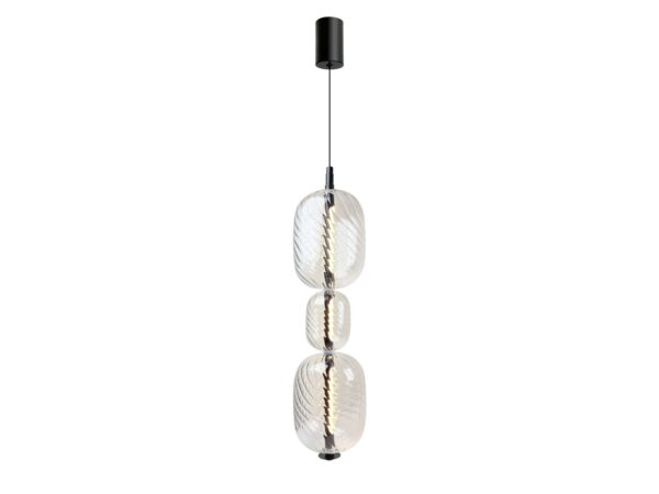 Pionowa lampa wisząca LED Zelotena z trzema szklanymi kloszami na czarnym zawieszeniu