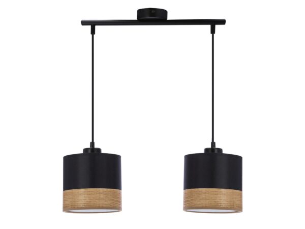 Lampa wisząca Zenala czarna z dwoma abażurami i brązowym pasem forniru