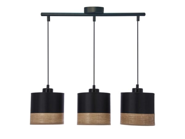 Lampa wisząca Zenala z trzema czarnymi walcowymi abażurami i brązowym pasem forniru