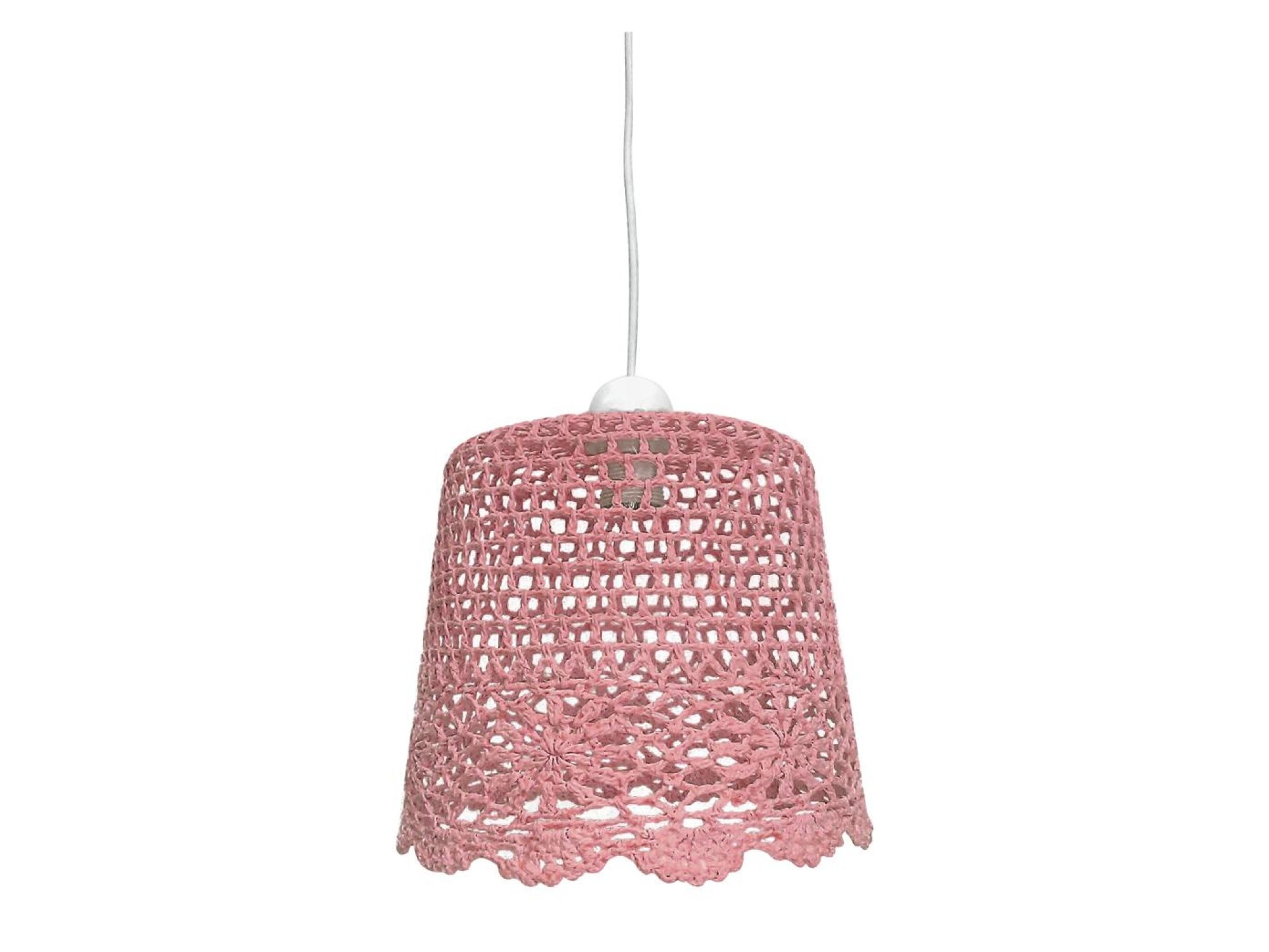 Różowa lampa wisząca Zenaseta z ażurowym plecionym abażurem i białym przewodem