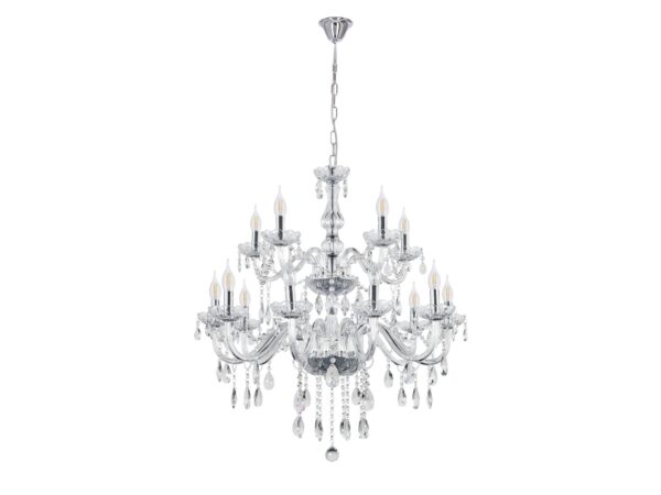 Lampa wisząca Zenetira chromowana z piętnastoma punktami światła i przezroczystymi elementami szklanymi