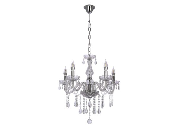 Lampa wisząca Zenetira chromowana z pięcioma ramionami i przezroczystymi szklanymi zawieszkami
