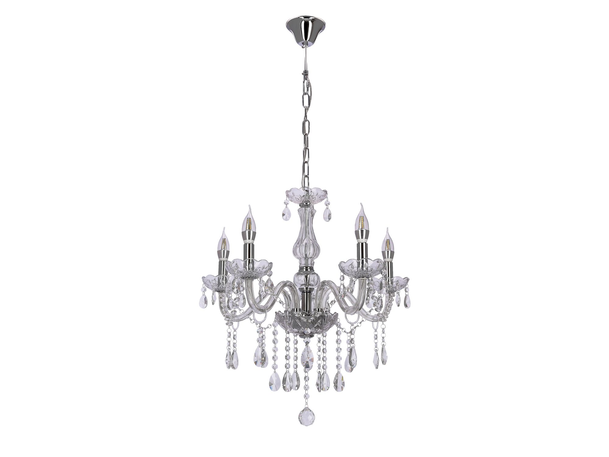 Lampa wisząca Zenetira chromowana z pięcioma ramionami i przezroczystymi szklanymi zawieszkami