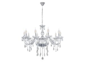 Miniaturka 3 - Lampa wisząca Zenetira chromowana z dziesięcioma punktami E14 i ozdobami szklanymi na białym tle