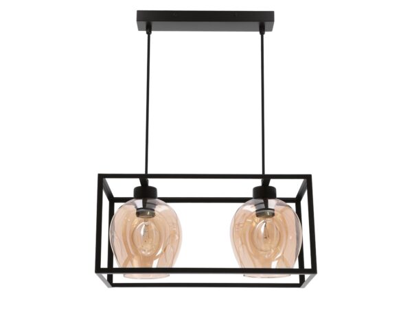 Lampa wisząca Zenilio z czarną prostokątną ramą i dwoma złocisto przyciemnionymi szklanymi kloszami