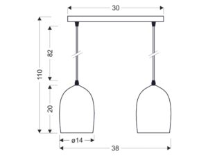 Miniaturka 1 - Rysunek wymiarowy lampy wiszącej Zenisino dwa klosze, szerokość 38 cm i wysokość 110 cm