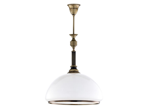 Lampa wisząca Zeus z białym kloszem – mosiądz patynowany na białym tle