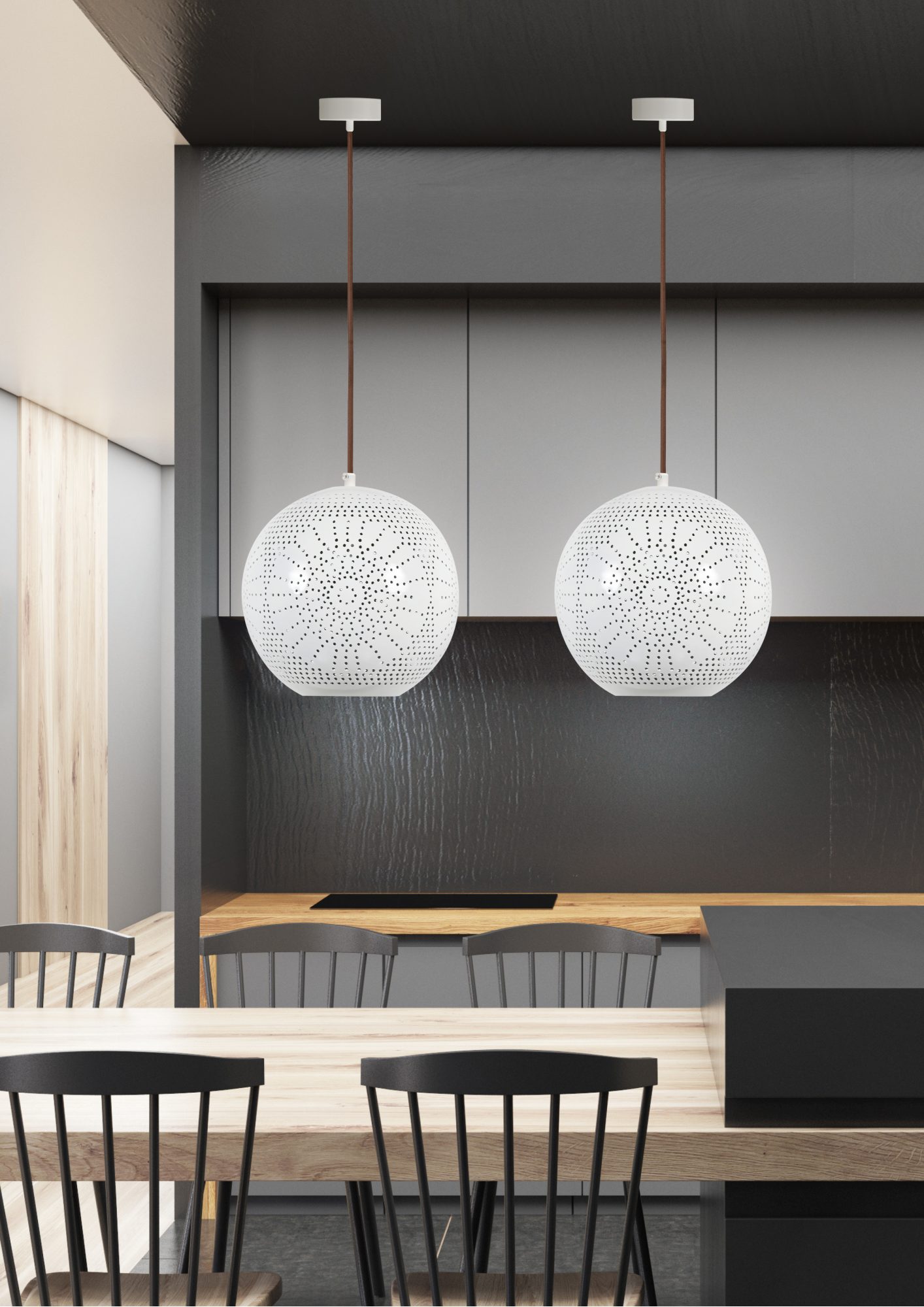Lampa Zarolia biała kula promienista w aranżacji nad stołem