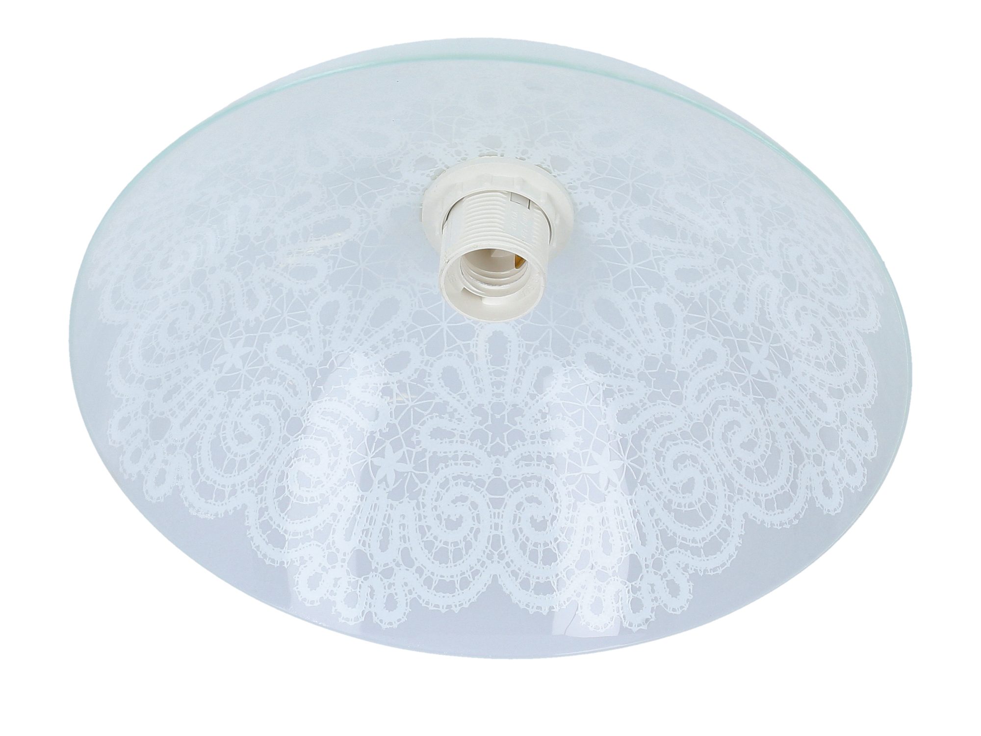 Lampa Zenomona od spodu – biała oprawka E27 i dekorowany klosz