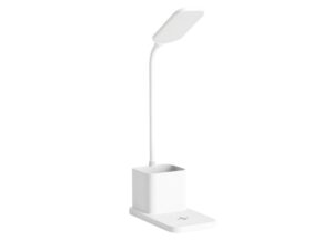 Miniaturka 8 - Biała lampka biurkowa Ilarano LED 2 W z pojemnikiem i regulowanym ramieniem na białym tle