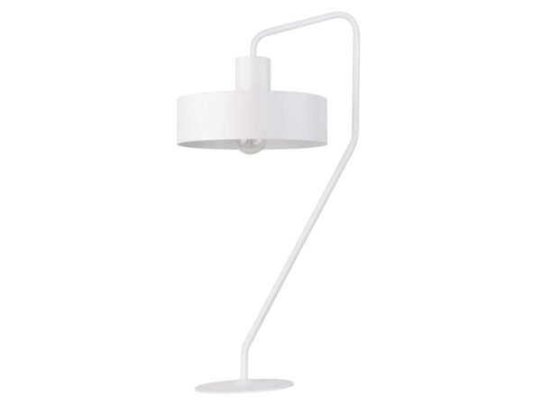 Biała lampa stołowa Jumbo na okrągłej podstawie z wysokim wygiętym ramieniem i szerokim kloszem stalowym