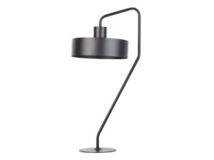 Miniaturka 1 - Czarna lampa stołowa Jumbo z wygiętym stalowym stojakiem, szerokim płaskim kloszem i okrągłą podstawą