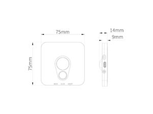 Miniaturka 7 - Rysunek lampki schodowej LED 75 × 75 mm, korpus 9 mm i wysokość z czujnikiem 14 mm