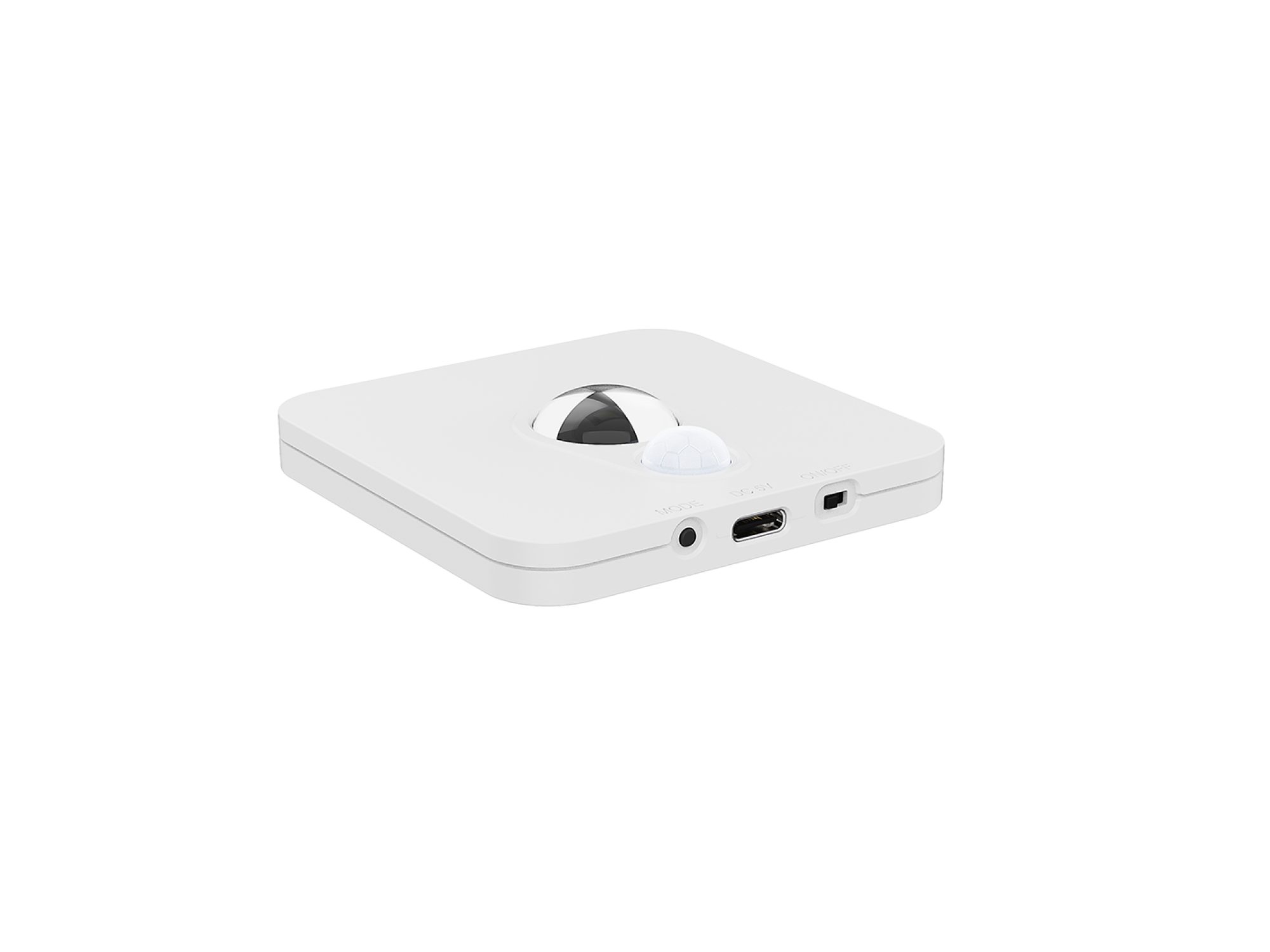 Biała kwadratowa lampka LED 7,5 cm z czujnikiem ruchu i gniazdem USB-C, na białym tle