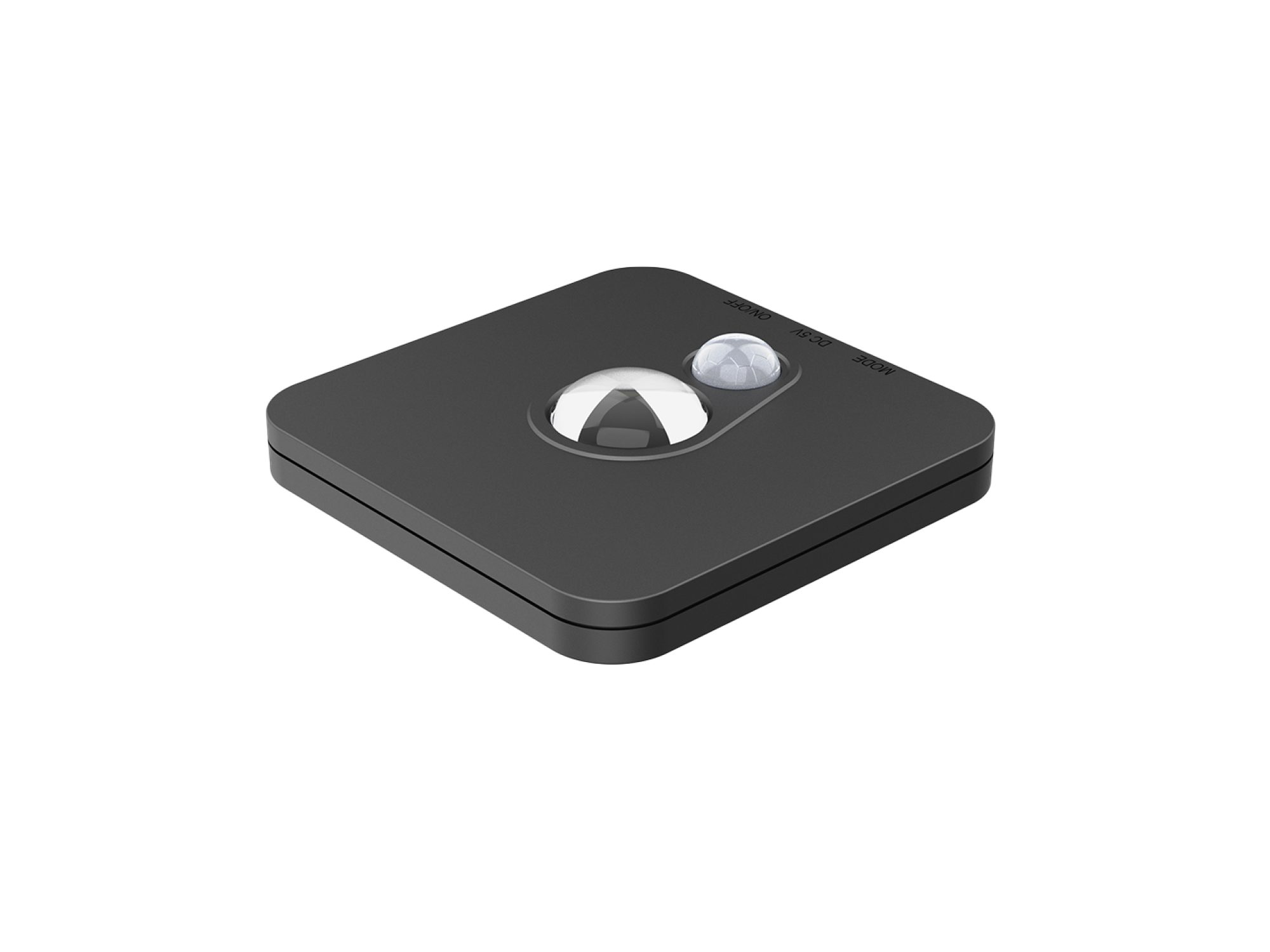 Czarna kwadratowa lampka LED 7,5 cm z czujnikiem ruchu i gniazdem USB-C, na białym tle