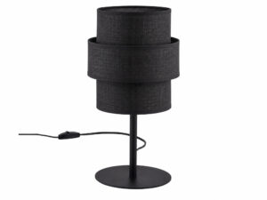 Miniaturka 6 - Czarna lampka nocna Calisto z podwójnym tkaninowym abażurem i czarną metalową podstawą