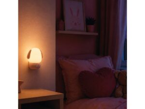 Miniaturka 5 - Lampka wtykowa piesek różowa w aranżacji nocnej przy łóżku