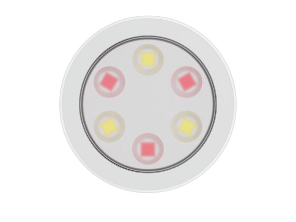 Okrągła biała lampka podszafkowa LED RGB z sześcioma diodami na białym tle