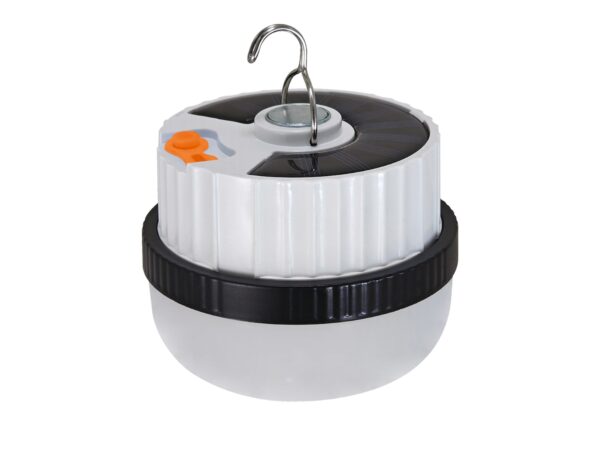 Lampka przenośna LED 10 W biało-czarna z panelem solarnym i haczykiem