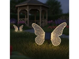 Miniaturka 1 - Lampka solarna motyl ciepła 3000 K świecąca przy altanie ogrodowej