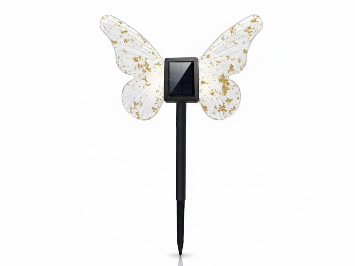 Lampka solarna ogrodowa motyl RGB 24 cm ze złotymi drobinkami