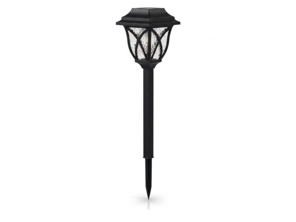 Czarna lampka solarna ogrodowa 44 cm z kloszem i szpikulcem na białym tle