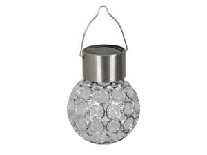 Miniaturka 3 - Wisząca lampka solarna RGB z kulistym przezroczystym kloszem i srebrnym uchwytem na białym tle