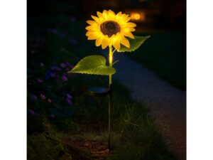 Miniaturka 1 - Lampka solarna słonecznik z żółtym ciepłym światłem w ogrodzie nocą