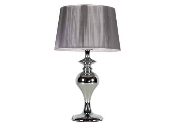 Lampka stołowa Beraveta 40 cm – srebrny nitkowy abażur i chromowana podstawa na białym tle