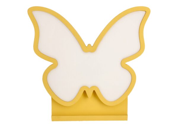 Żółto-złota lampka LED motyl z białymi skrzydłami, widok od przodu