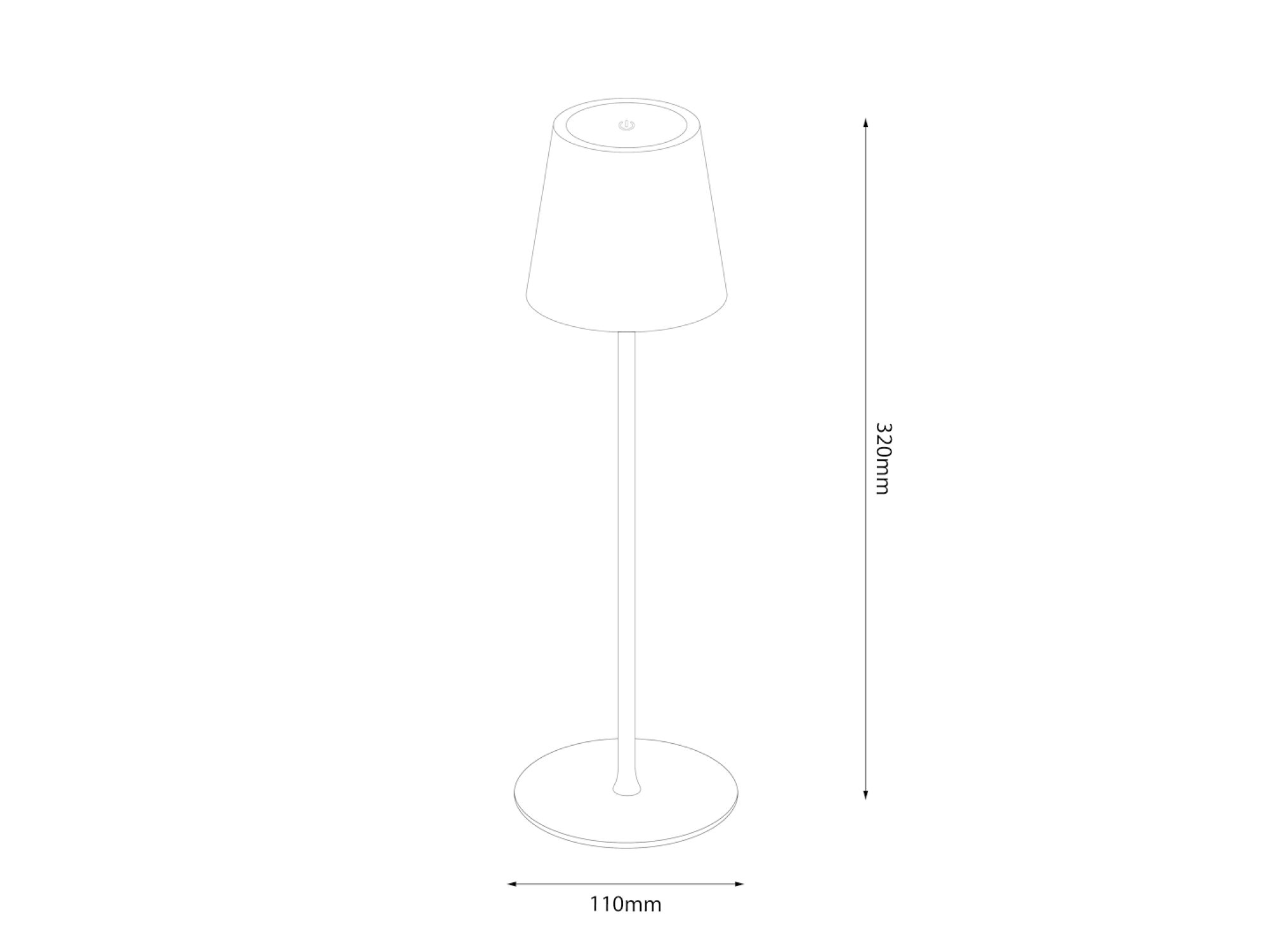 Rysunek wymiarowy lampki Lorama o wysokości 32 cm i średnicy podstawy 11 cm
